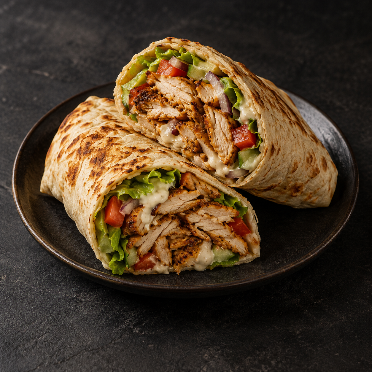 Illustrative chicken shawarma packed with grilled chicken, vegetables and sauce
